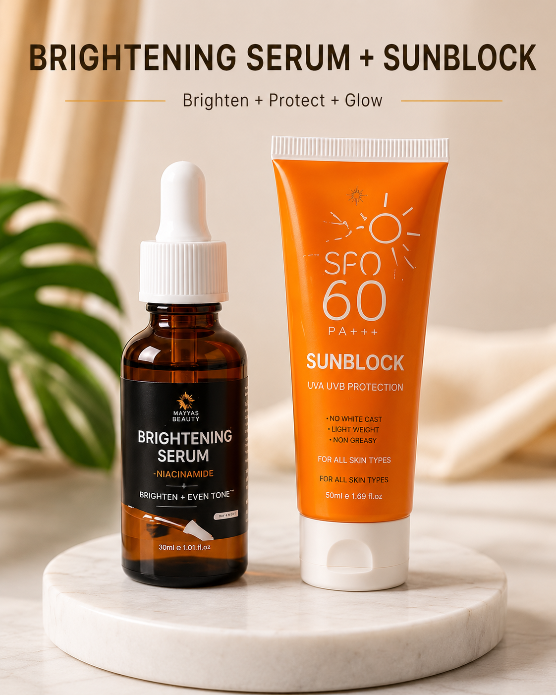 Brightening Serum + SPF 60 Sunblock Combo – Niacinamide & Sun Protection